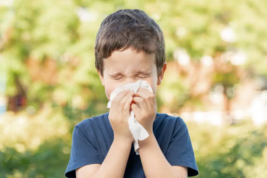 Allergic child sneezing covering nose in spring time