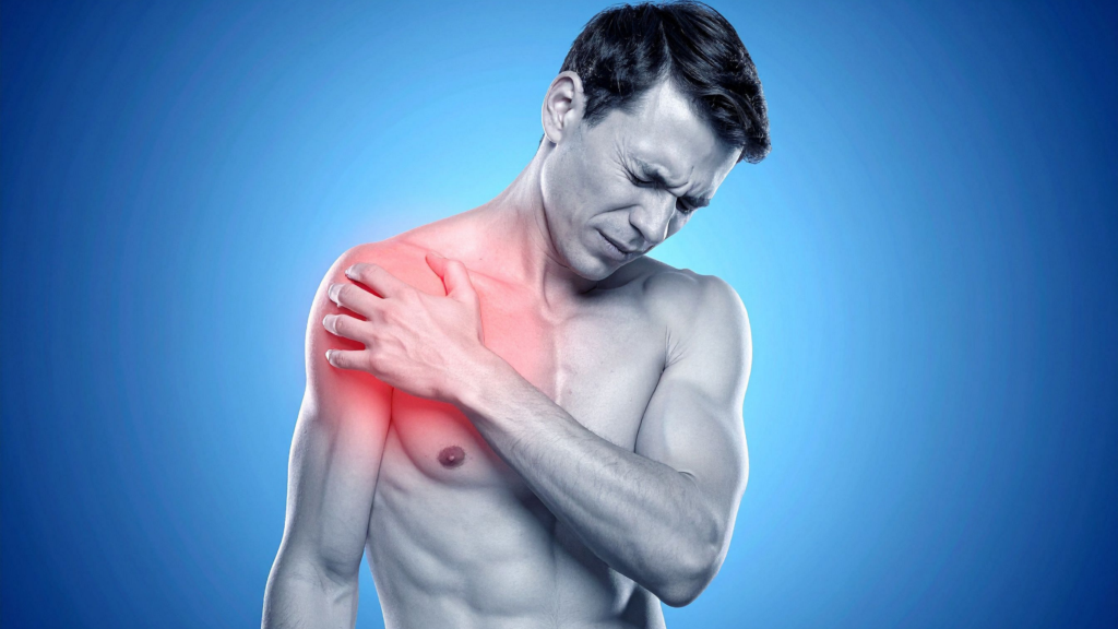 Man experiencing shoulder impingement pain, highlighting inflammation and restricted shoulder movement
