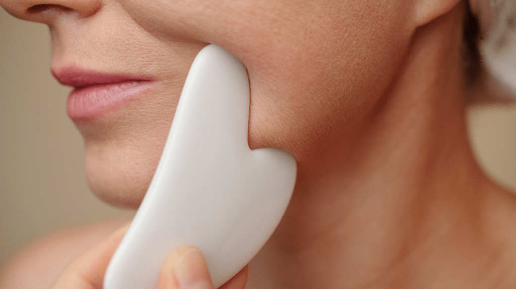 Close-up of gua sha tool lifting facial muscles and promoting lymphatic drainage