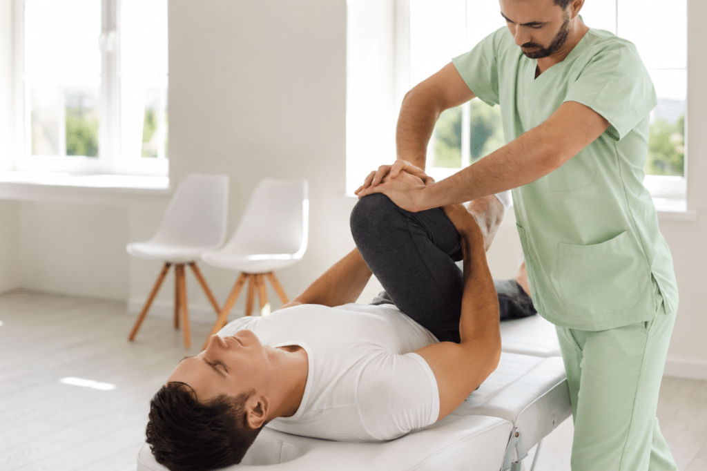 Physiotherapist guiding lower body mobility and rehabilitation exercises on therapy table