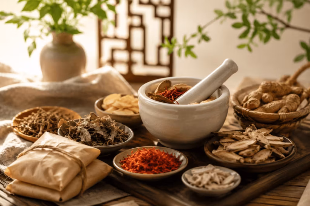 Traditional Chinese herbs and mortar for holistic eczema care
