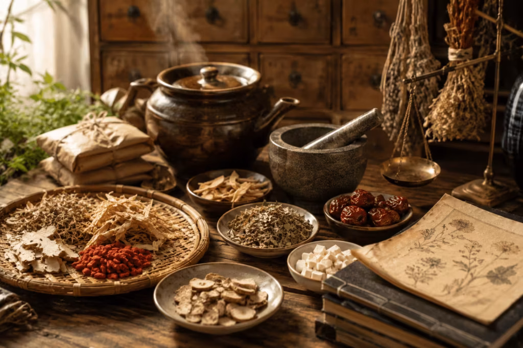 Traditional Chinese medicine herbs prepared for holistic eczema support