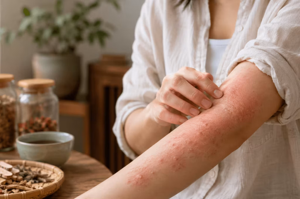 Woman examining eczema flare-up on arm in calming wellness setting