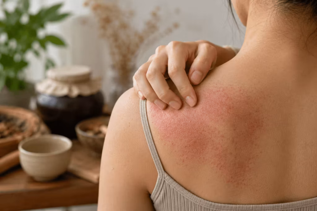 Woman touching eczema flare-up on upper back in holistic setting