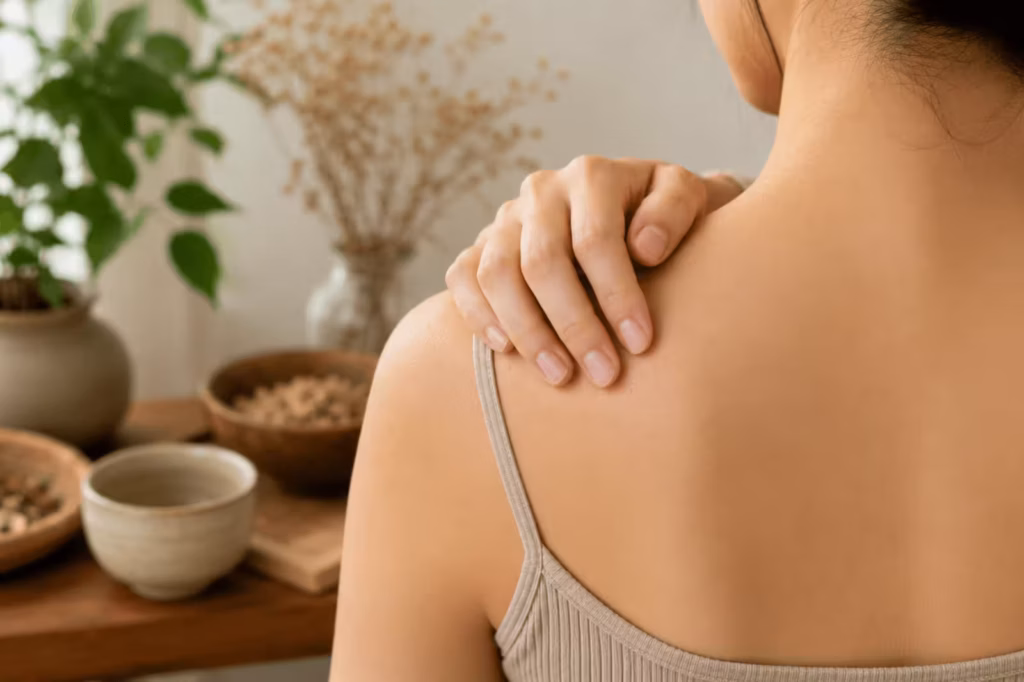 Woman with clear healed skin on back in calming wellness setting