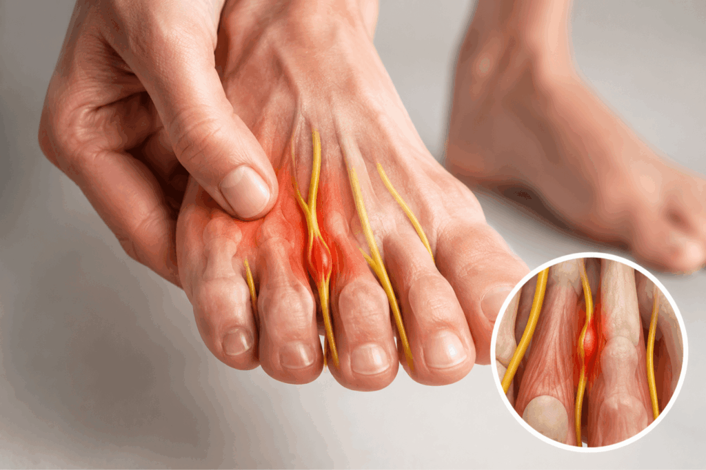 Close-up illustration showing an inflamed nerve in Morton's neuroma