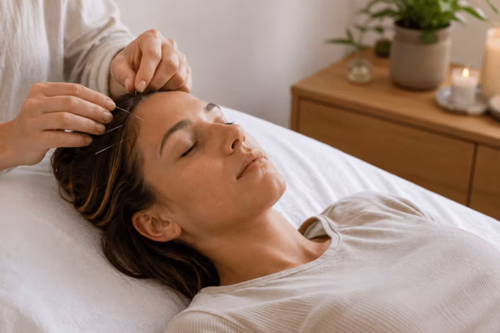 Student resting during an acupuncture session for stress relief
