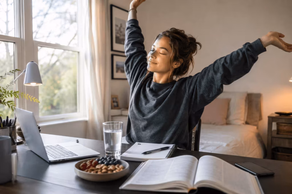 Student taking a mindful study break with water and healthy snacks