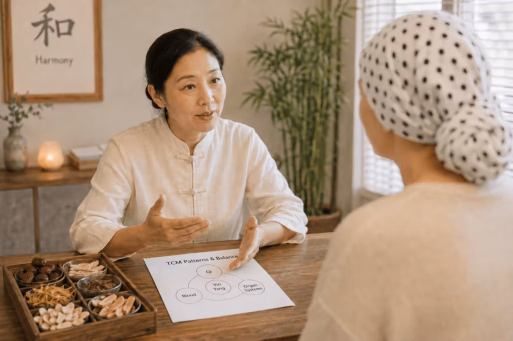 Traditional Chinese Medicine practitioner discussing supportive TCM care with a cancer patient