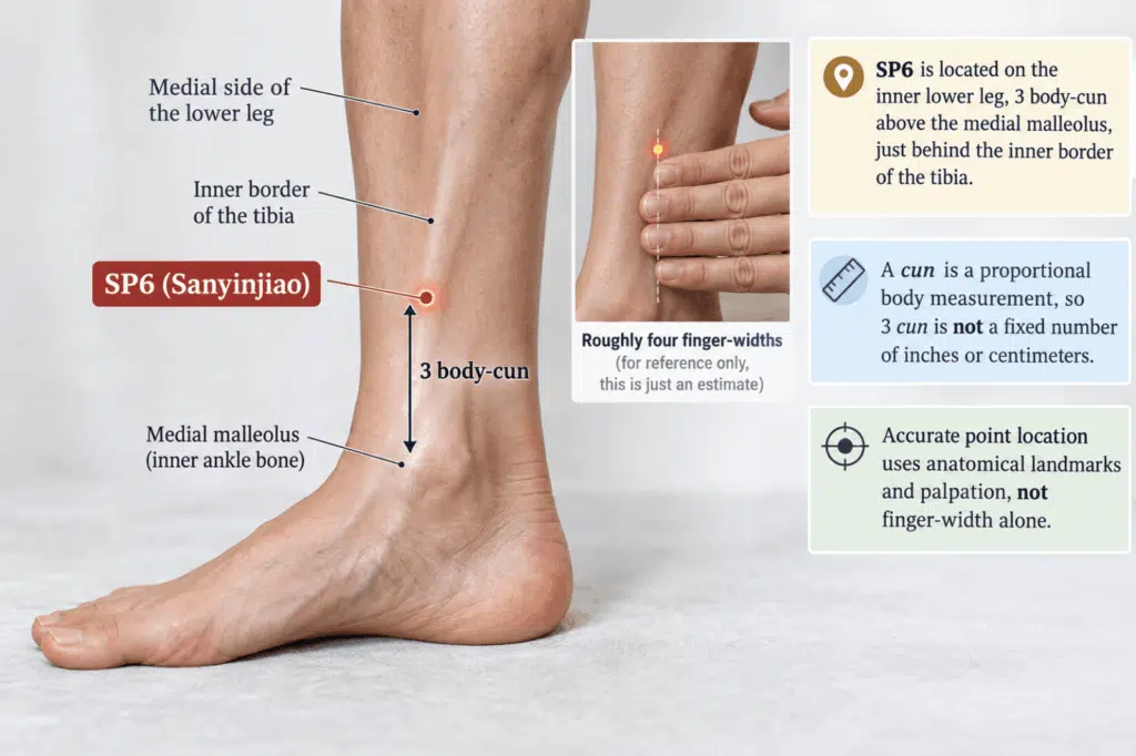 SP6 acupuncture point location on the inner lower leg above the ankle
