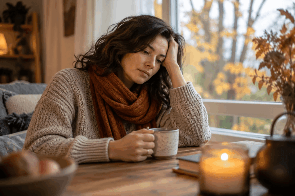 Woman looking tired while sitting by a window with a cup of tea on an autumn day.